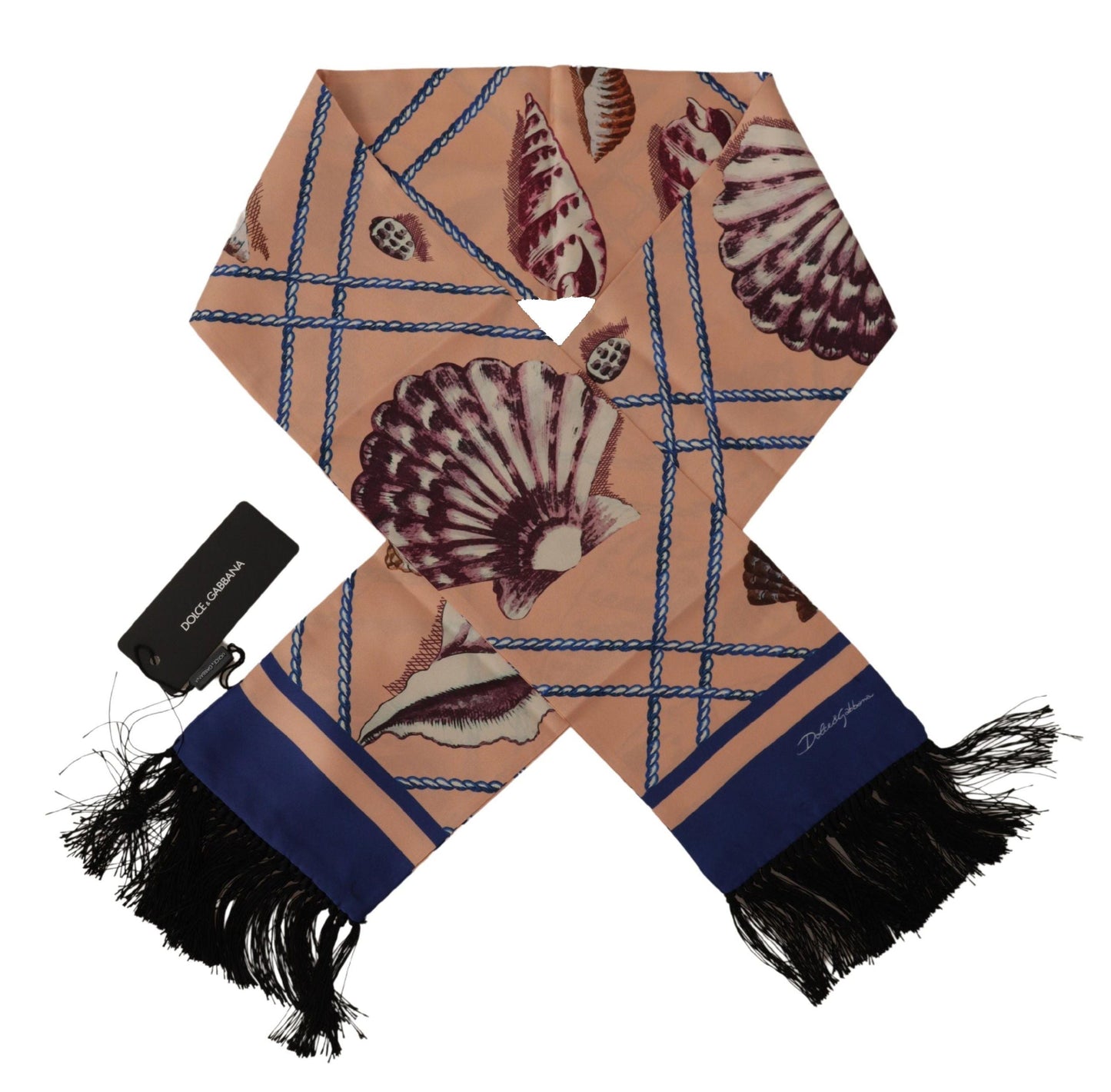 Dolce & Gabbana Multicolor Seashell Patterned DG Logo Shawl Fringe Silk Men's Scarf