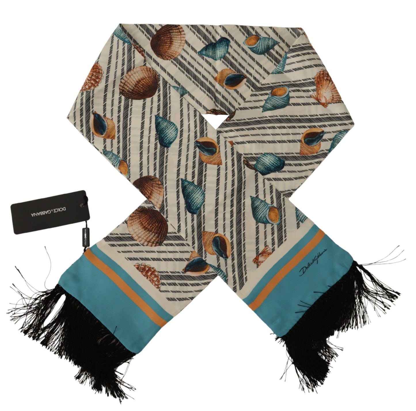 Dolce & Gabbana Multicolor Seashells DG Print Silk Shawl Fringe Men's Scarf