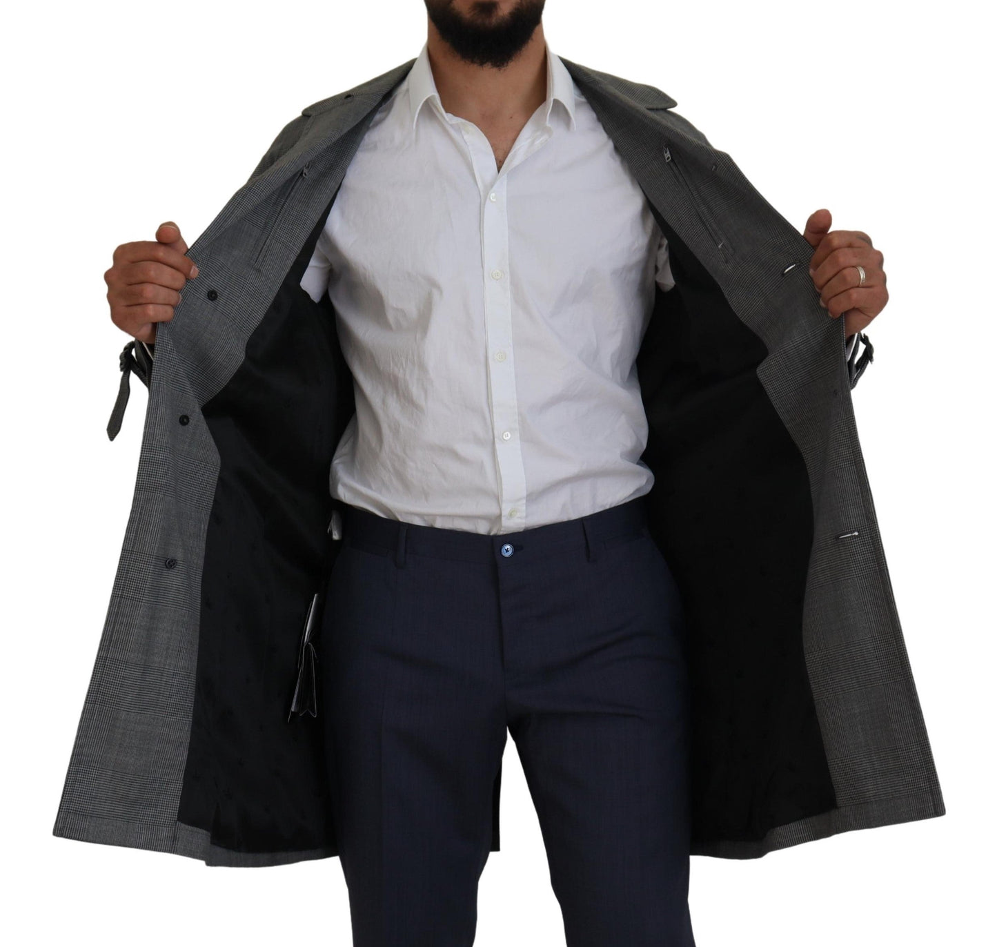 Dolce & Gabbana Gray Wool Plaid Long Trench Coat Men's Trench Coat Men's Jacket
