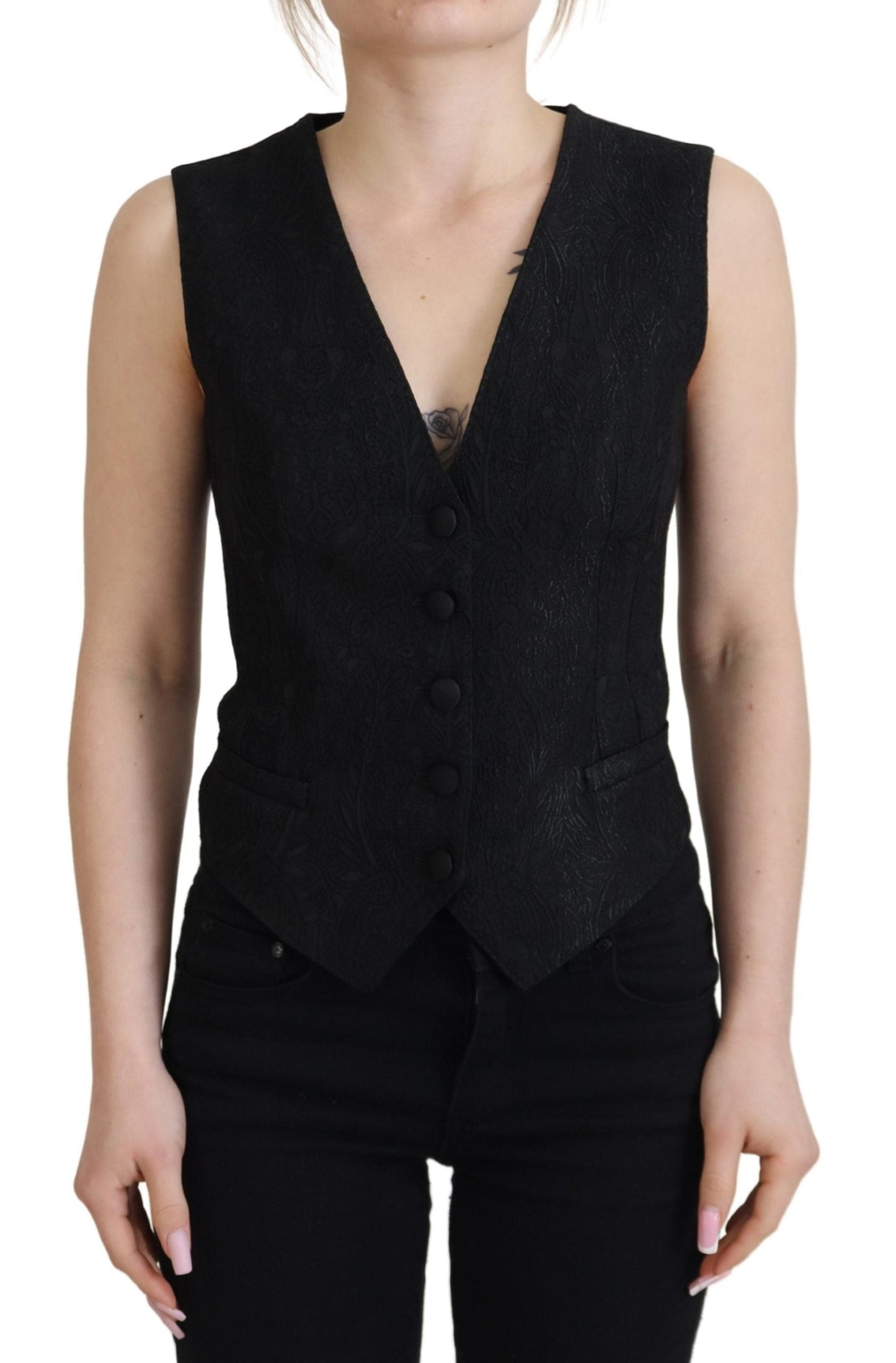 Dolce & Gabbana Black Brocade Button Down Sleeveless Vest Women's Top