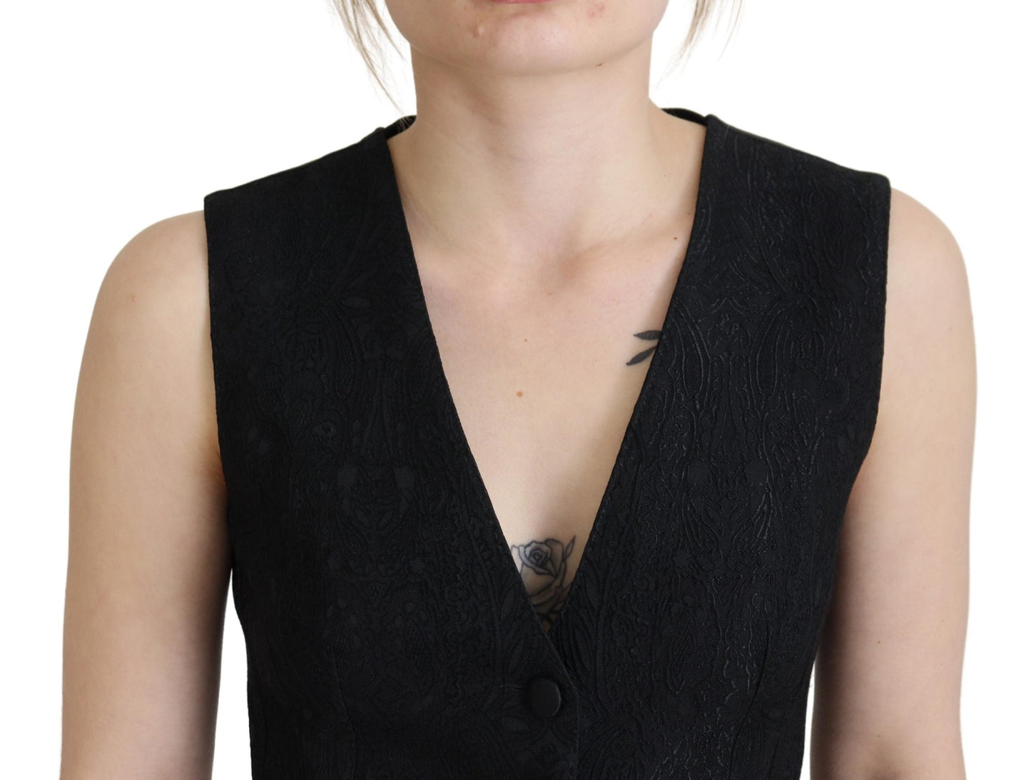 Dolce & Gabbana Black Brocade Button Down Sleeveless Vest Women's Top