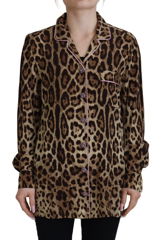 Dolce & Gabbana Brown Leopard Print Long Sleeves Blouse Women's Top