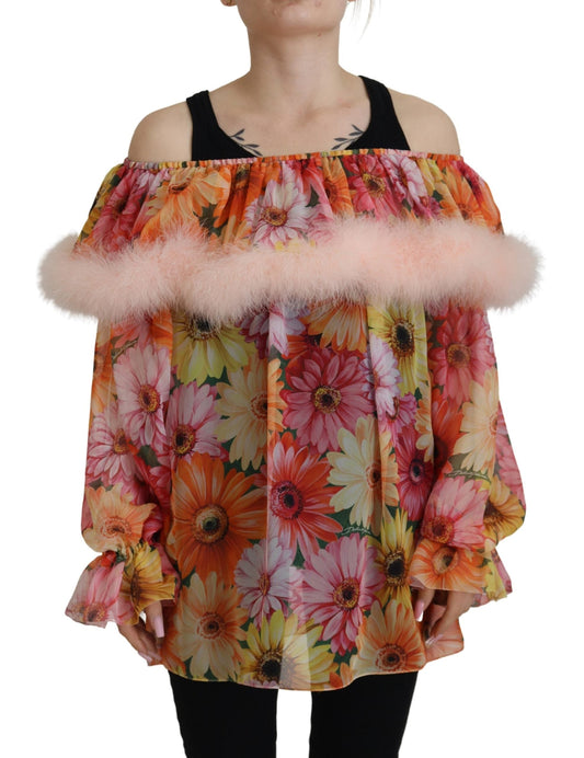 Dolce & Gabbana Multicolor Floral Fur Shearling Blouse Women's Top