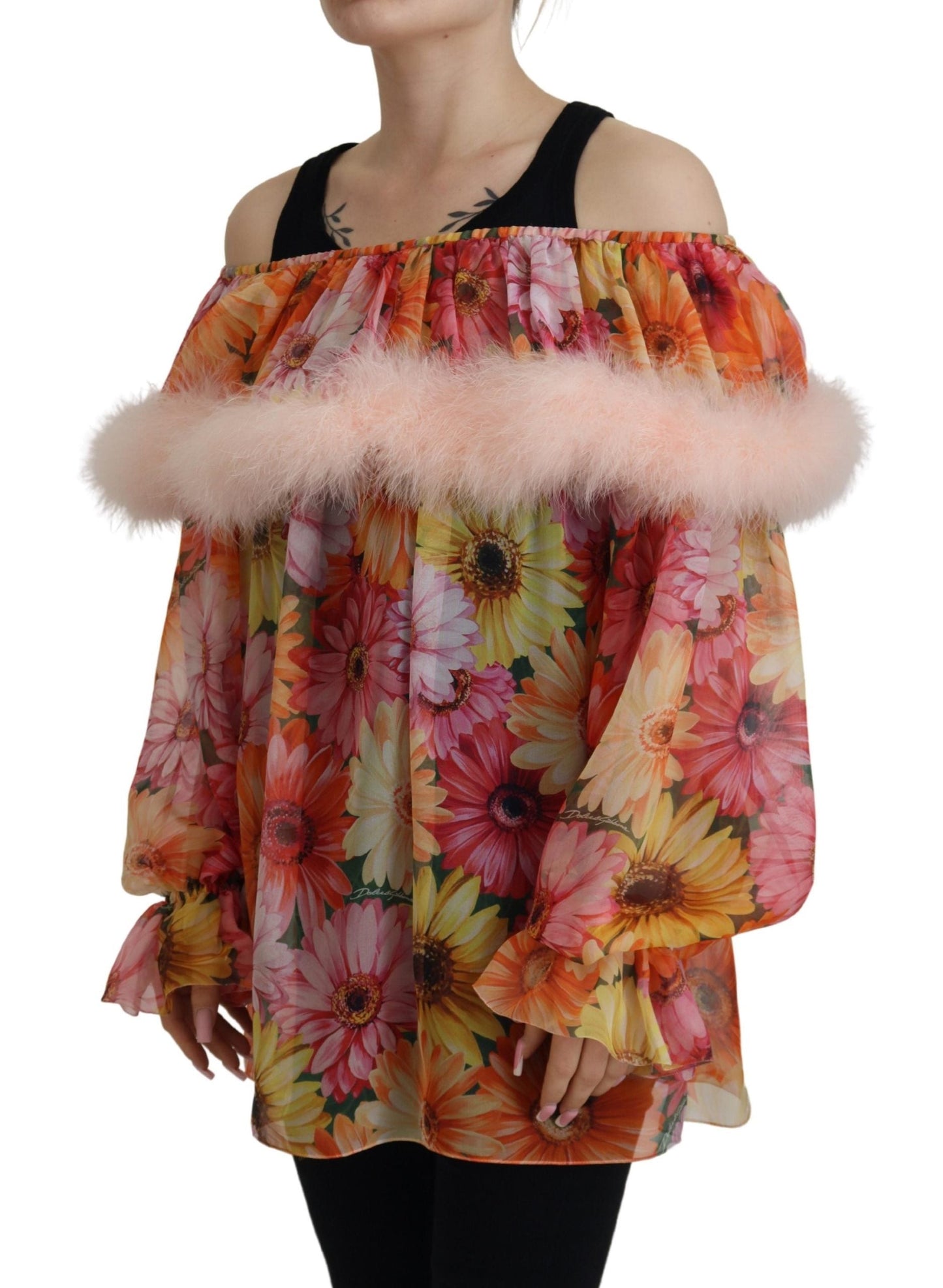 Dolce & Gabbana Multicolor Floral Fur Shearling Blouse Women's Top