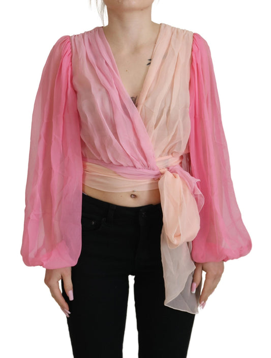 Dolce & Gabbana Pink Silk Wrap Long Sleeves Blouse Women's Top