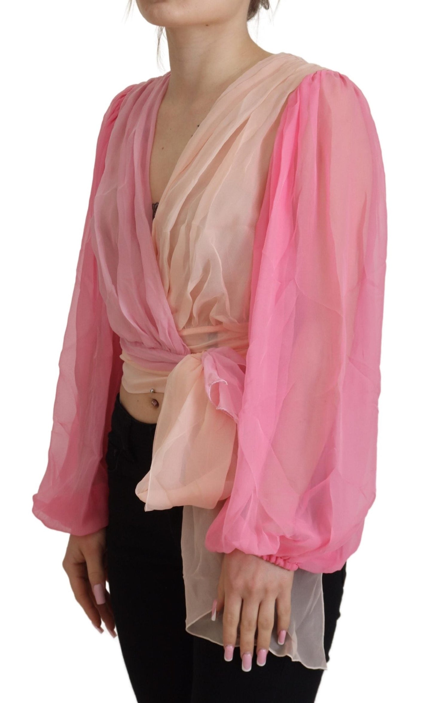 Dolce & Gabbana Pink Silk Wrap Long Sleeves Blouse Women's Top