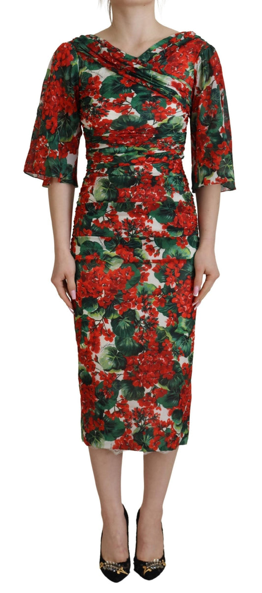 Dolce & Gabbana Multicolor Geranium Silk Sheath Midi Women's Dress