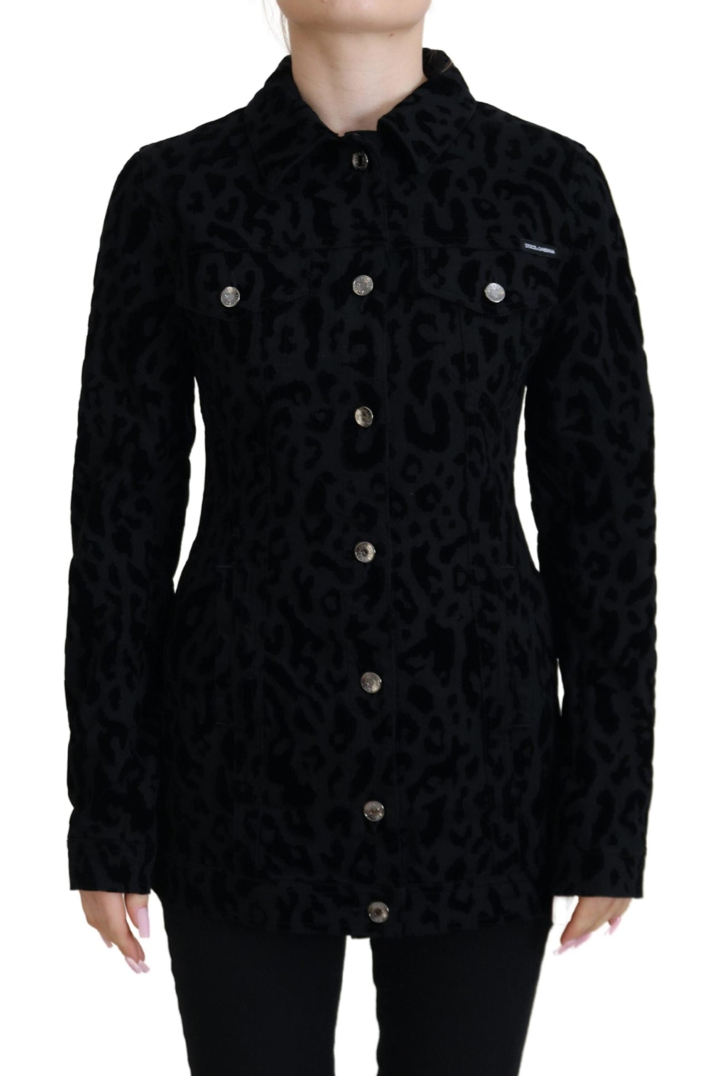 Dolce & Gabbana Black Leopard Long Sleeve Denim Cotton Women's Jacket