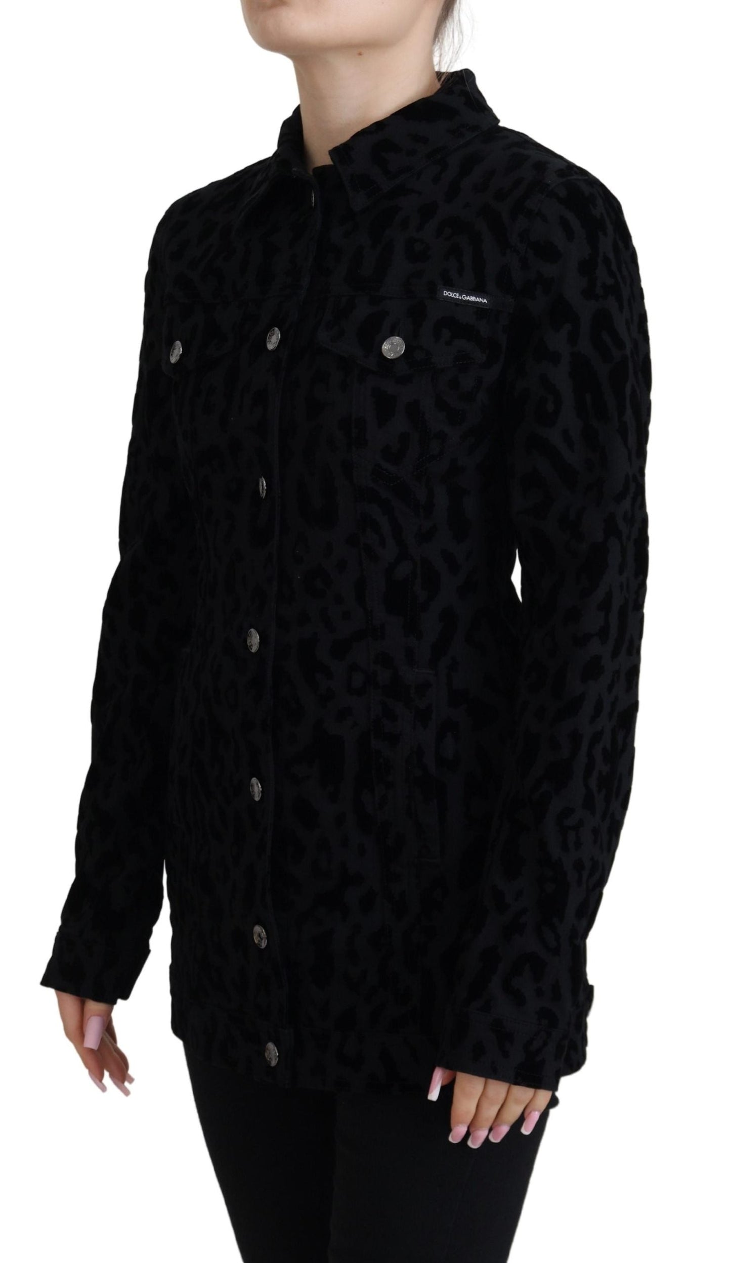 Dolce & Gabbana Black Leopard Long Sleeve Denim Cotton Women's Jacket