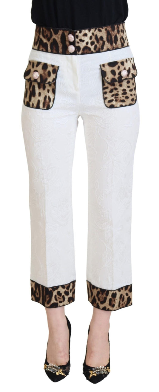 Dolce & Gabbana White Leopard Print High Waist Women's Pants