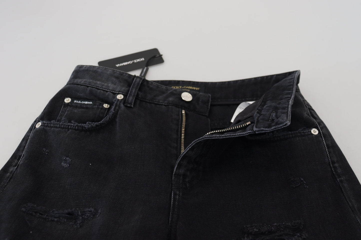 Dolce & Gabbana Black Cotton Tattered High Waist Denim Women's Jeans