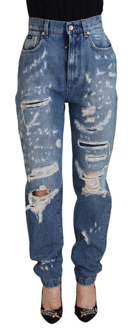 Dolce & Gabbana Blue Washed Cotton Tattered Denim Women's Jeans