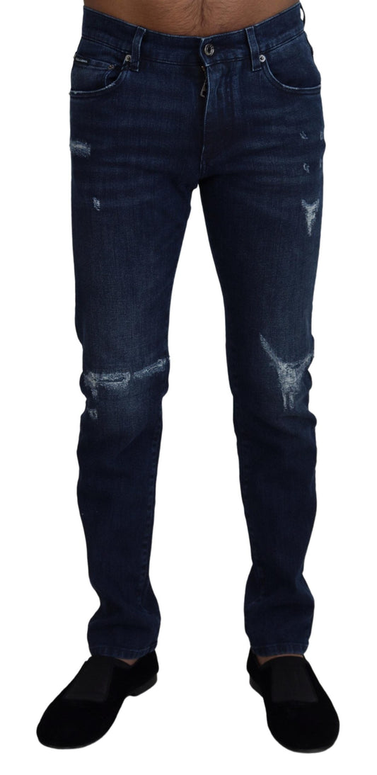 Dolce & Gabbana Blue Cotton Skinny Tattered Denim Men's Jeans