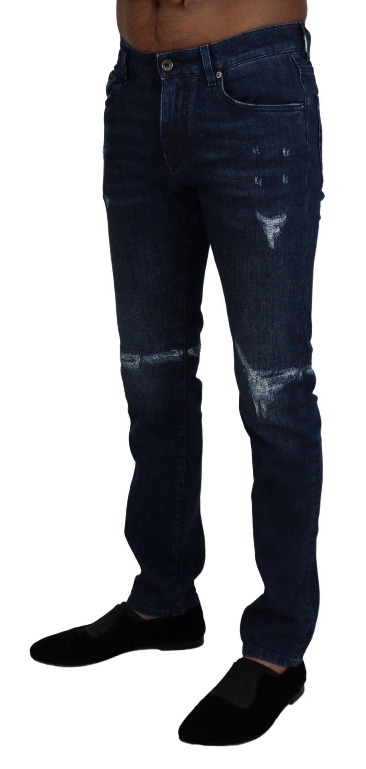 Dolce & Gabbana Blue Cotton Skinny Tattered Denim Men's Jeans