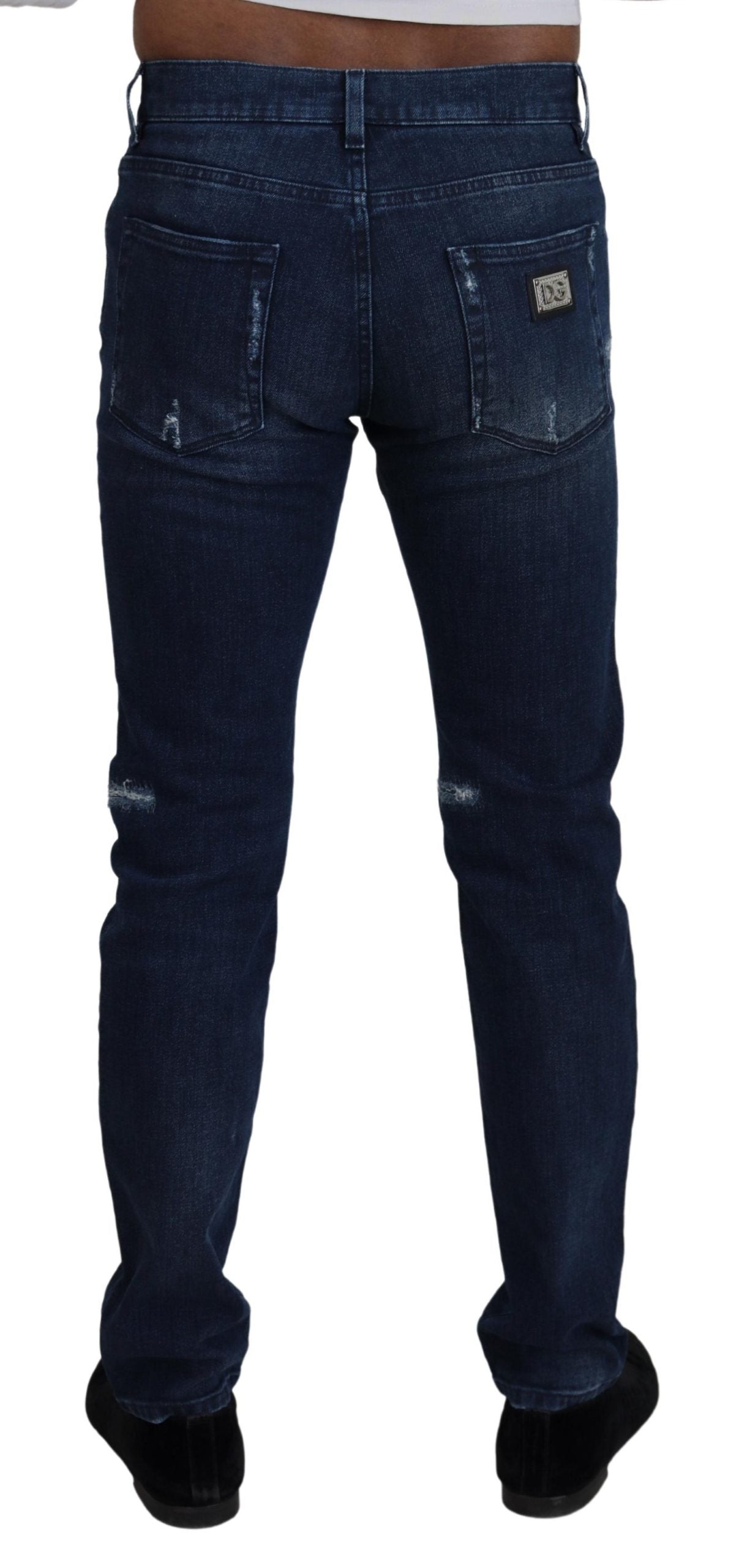 Dolce & Gabbana Blue Cotton Skinny Tattered Denim Men's Jeans