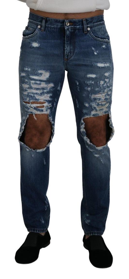 Dolce & Gabbana Blue Cotton Tattered Men Denim Men's Jeans