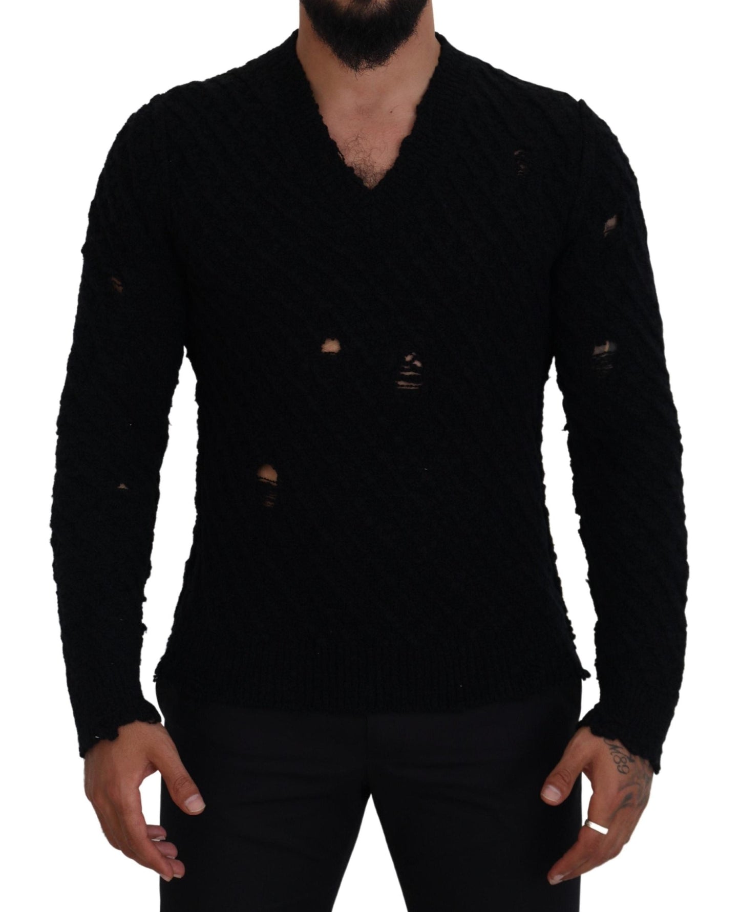 Dolce & Gabbana Black Wool V-neck Knitted Pullover Men's Sweater