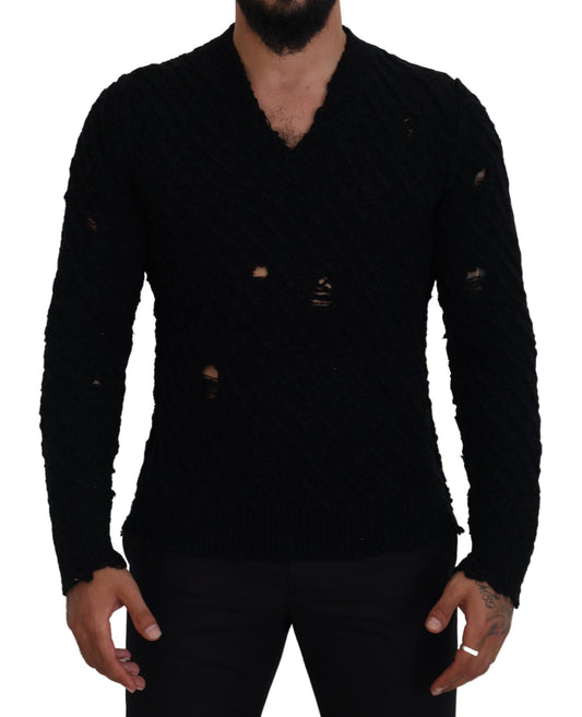 Dolce & Gabbana Black Wool V-neck Knitted Pullover Men's Sweater