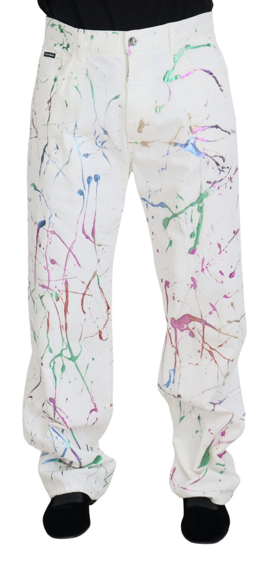 Dolce & Gabbana White Cotton Color Splash Print Denim Men's Pants