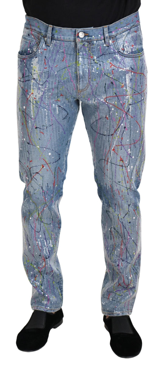 Dolce & Gabbana Blue Cotton Color Splash Print Denim Men's Jeans