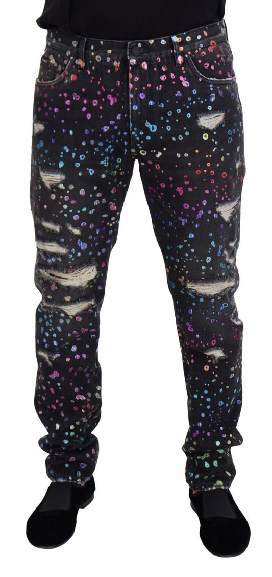 Dolce & Gabbana Black Multicolor Print Tattered Denim Men's Jeans