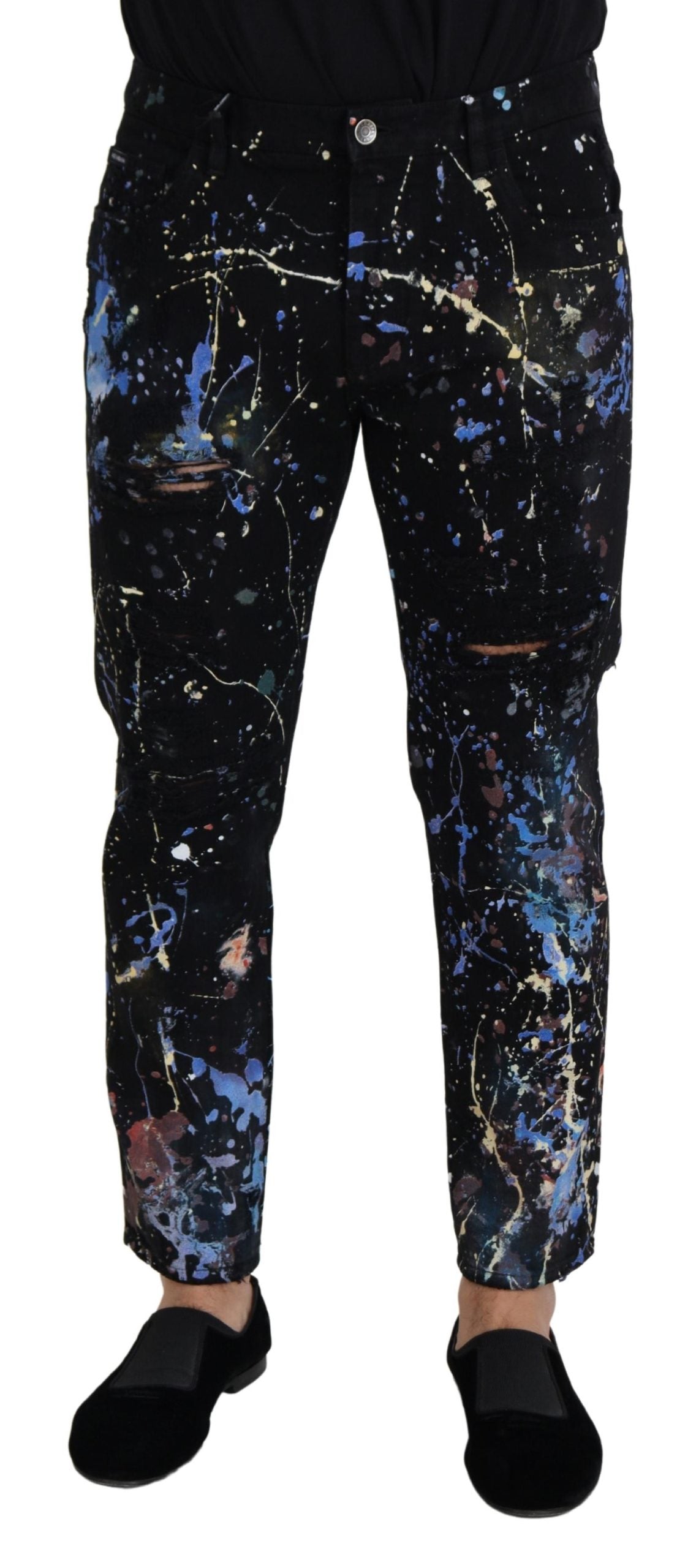 Dolce & Gabbana Black Cotton Color Splash Print Denim Men's Jeans