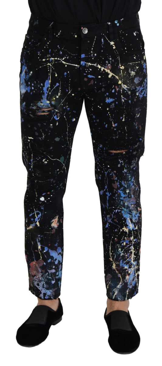 Dolce & Gabbana Black Cotton Color Splash Print Denim Men's Jeans