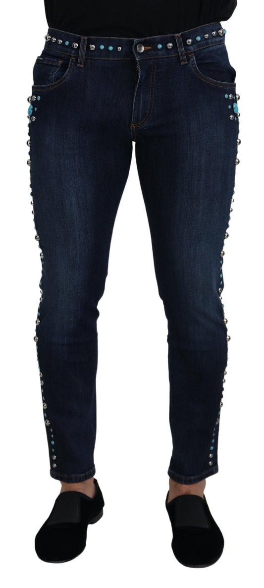 Dolce & Gabbana Blue Cotton Studded Low Waist Denim Men's Jeans