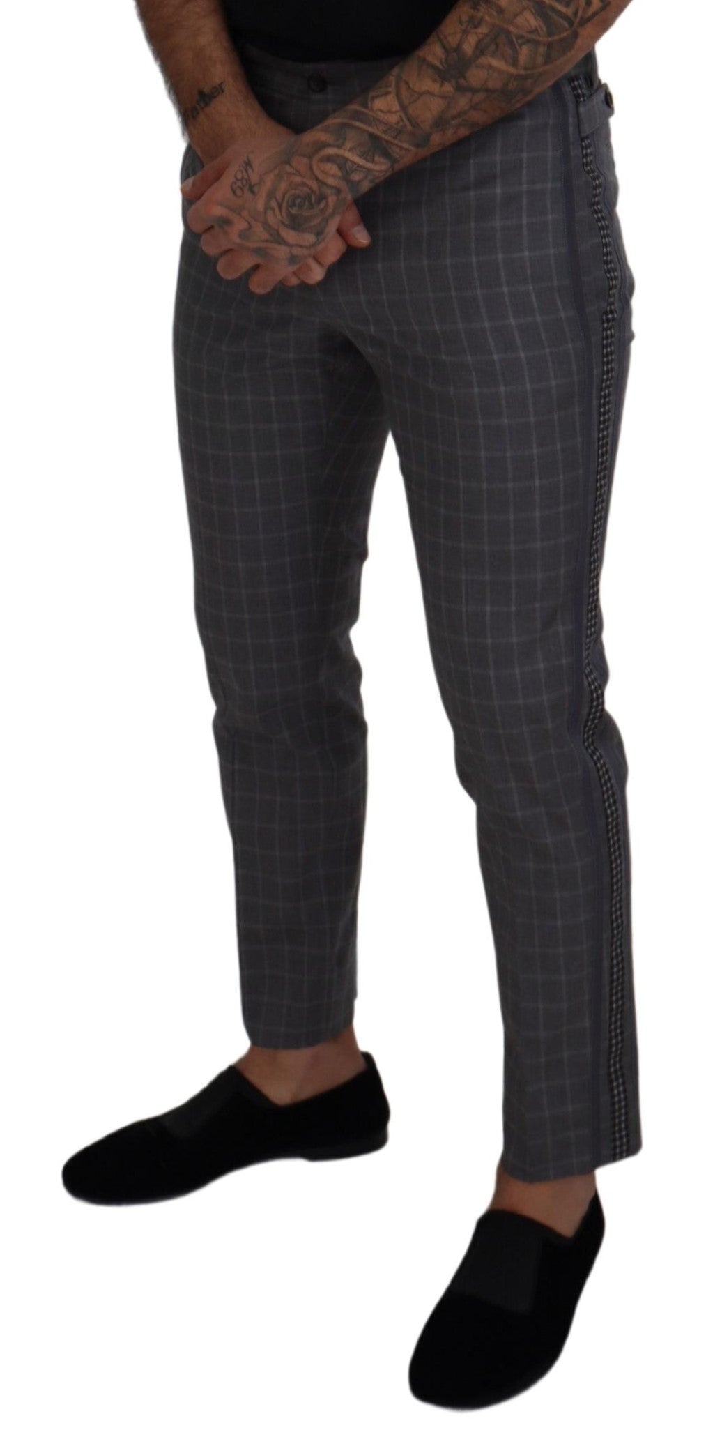 Dolce & Gabbana Grey Cotton Checkered Chino Men's Pants