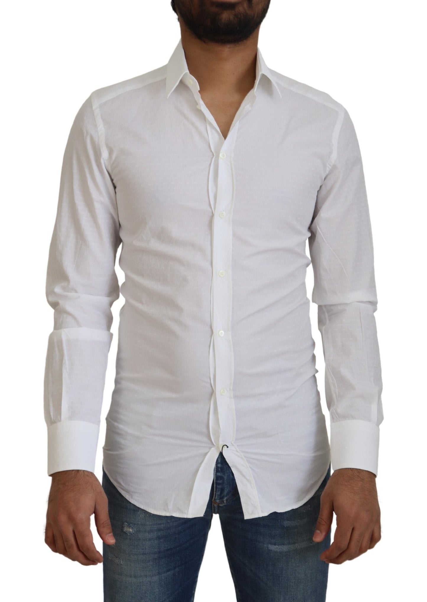Dolce & Gabbana White Cotton Slim Fit Formal Dress GOLD Men's Shirt
