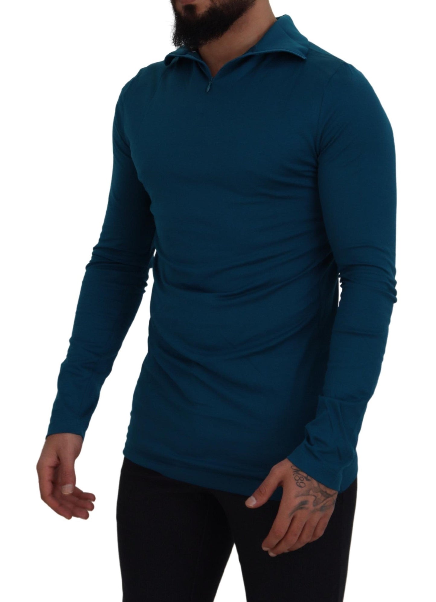 Dolce & Gabbana Blue Cotton Collared Slim Pullover Men's Sweater