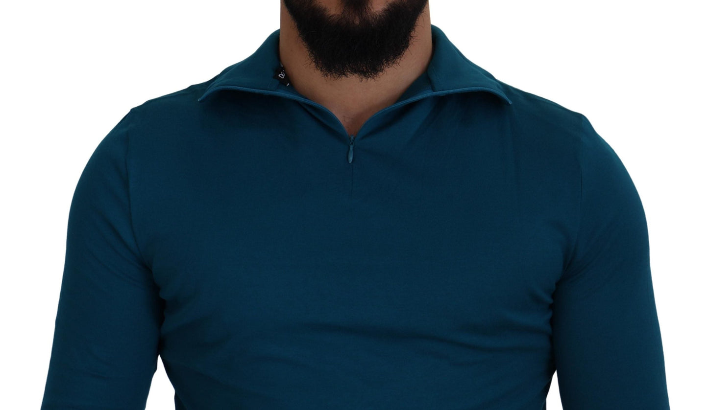 Dolce & Gabbana Blue Cotton Collared Slim Pullover Men's Sweater