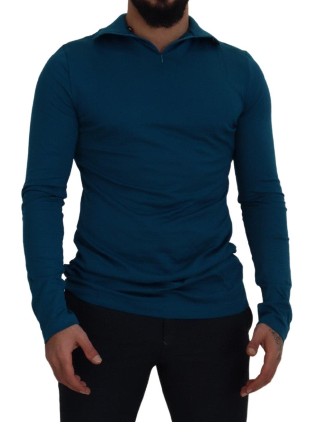 Dolce & Gabbana Blue Cotton Collared Slim Pullover Men's Sweater