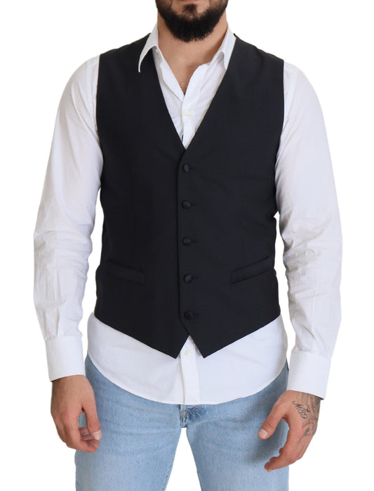 Dolce & Gabbana Black Wool Stretch Waistcoat Formal Men's Vest