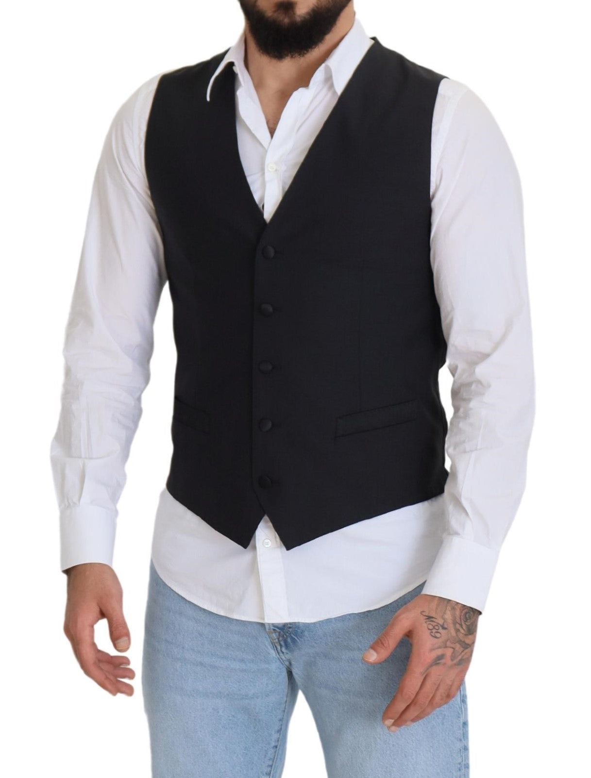 Dolce & Gabbana Black Wool Stretch Waistcoat Formal Men's Vest