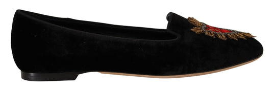 Dolce & Gabbana Black DG Sacred Heart Patch Slip On Flat Women's Shoes