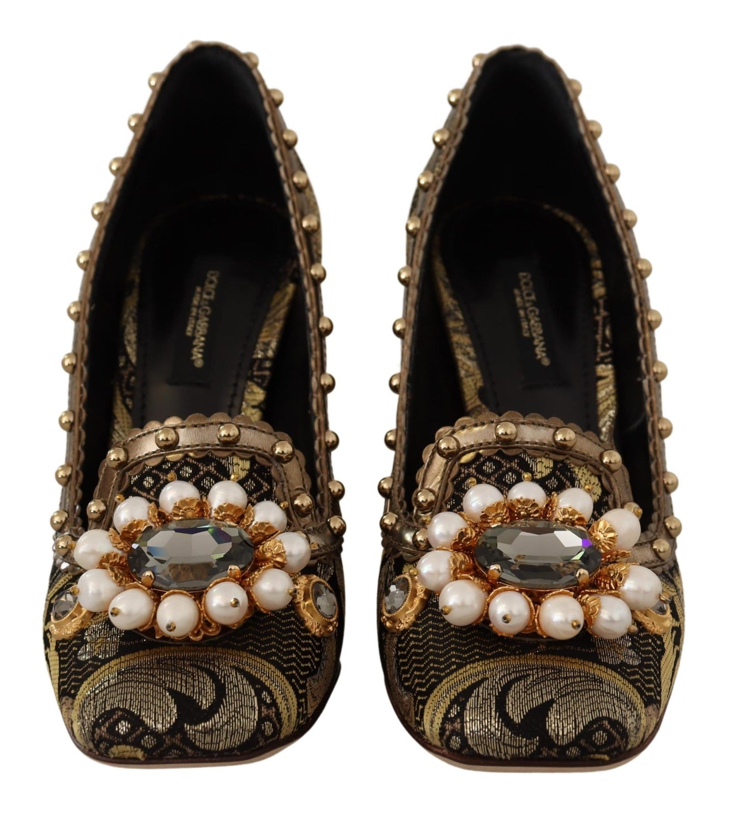 Dolce & Gabbana Gold Crystal Square Toe Brocade Pumps Women's Shoes