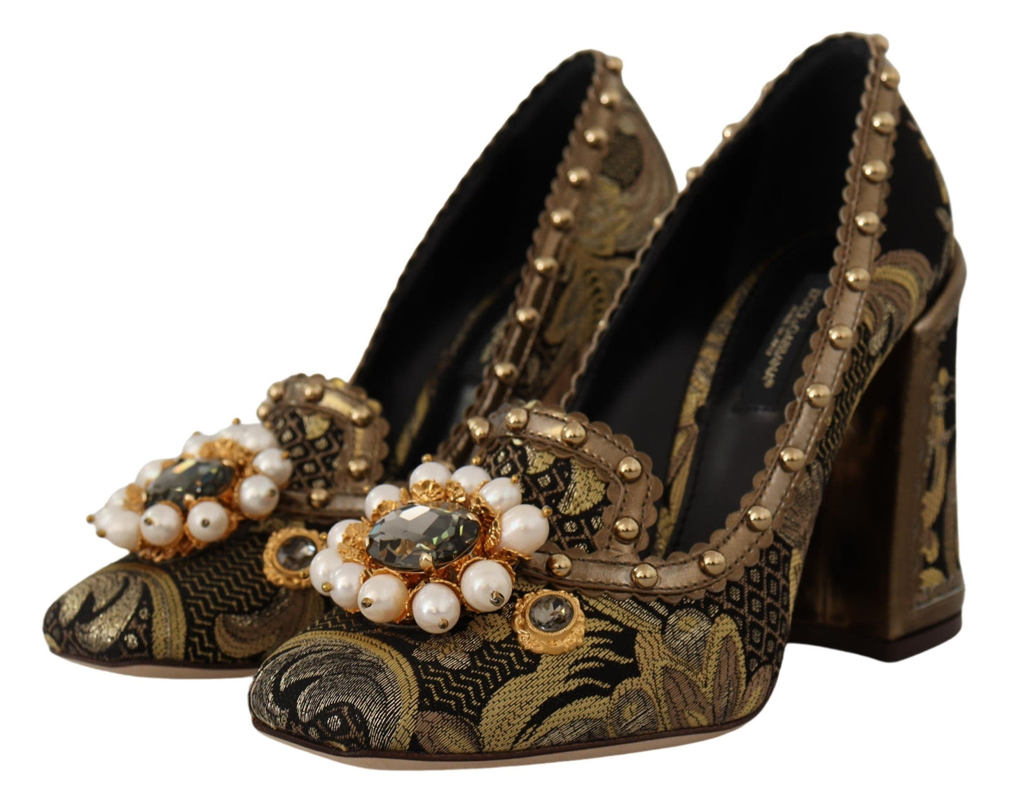 Dolce & Gabbana Gold Crystal Square Toe Brocade Pumps Women's Shoes