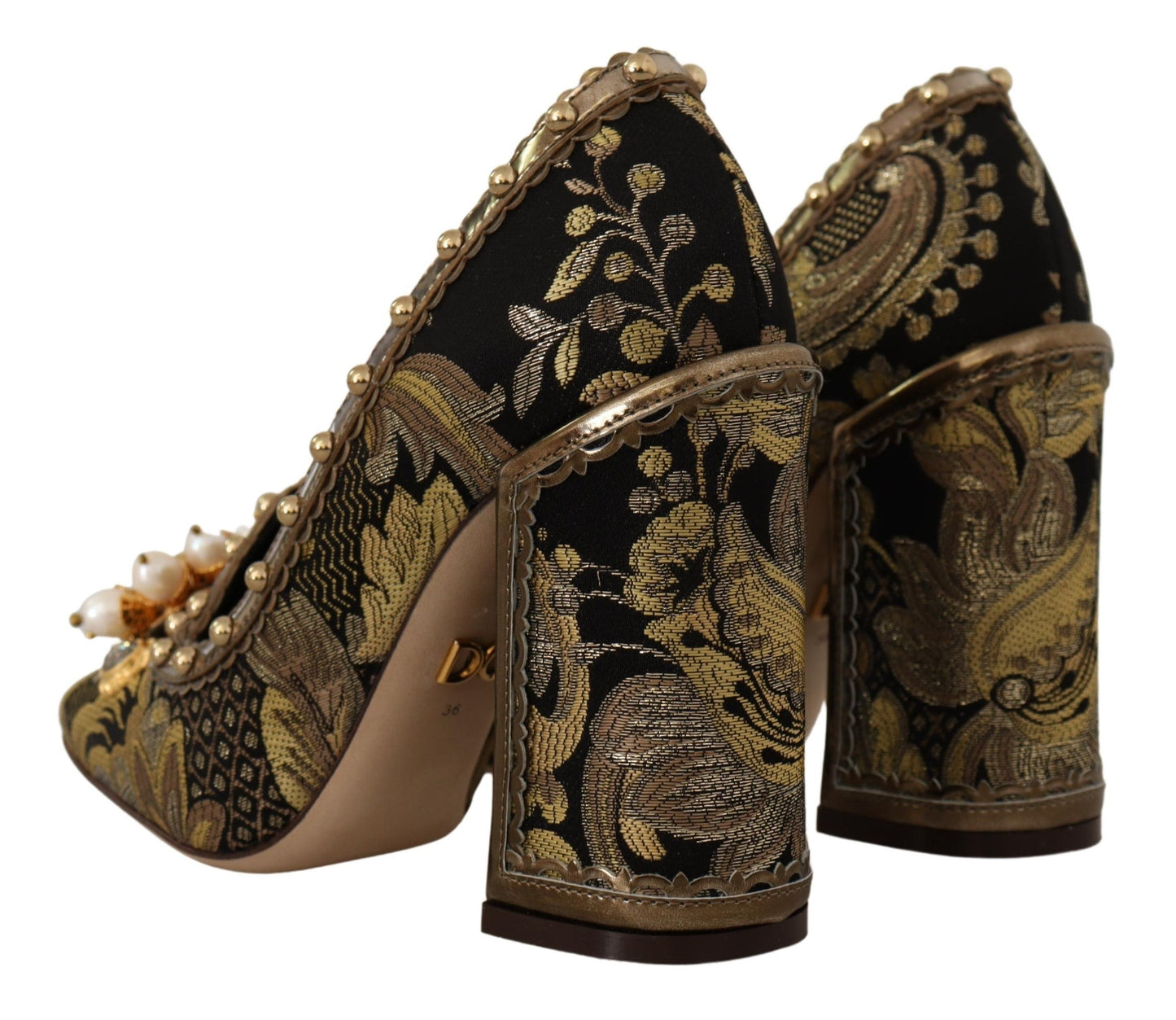 Dolce & Gabbana Gold Crystal Square Toe Brocade Pumps Women's Shoes
