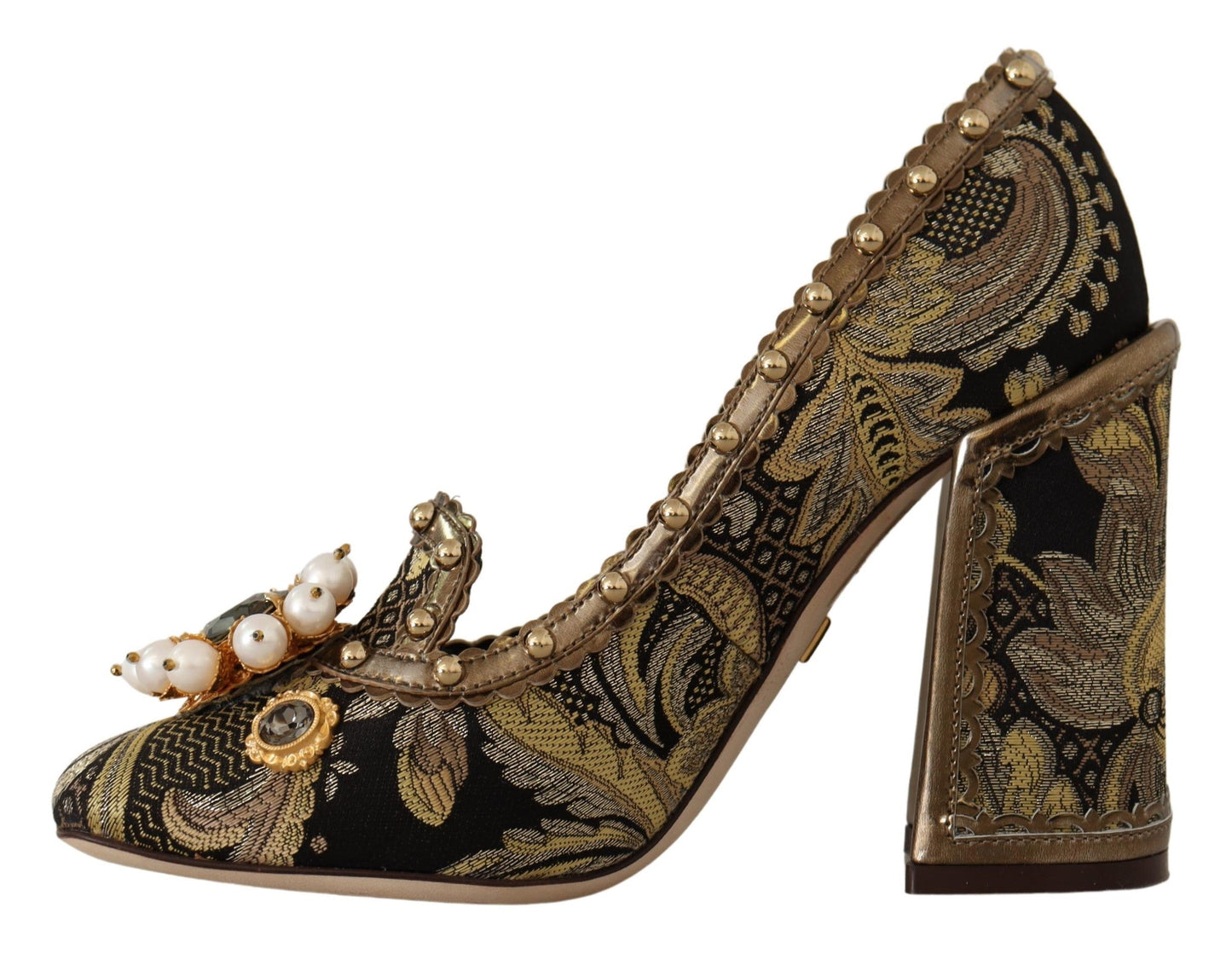 Dolce & Gabbana Gold Crystal Square Toe Brocade Pumps Women's Shoes