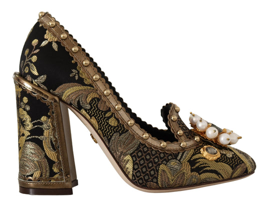 Dolce & Gabbana Gold Crystal Square Toe Brocade Pumps Women's Shoes