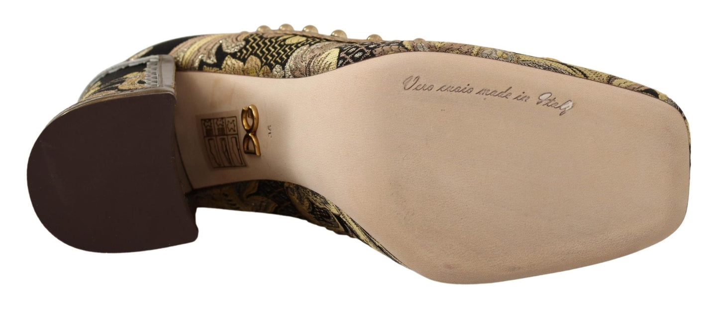 Dolce & Gabbana Gold Crystal Square Toe Brocade Pumps Women's Shoes
