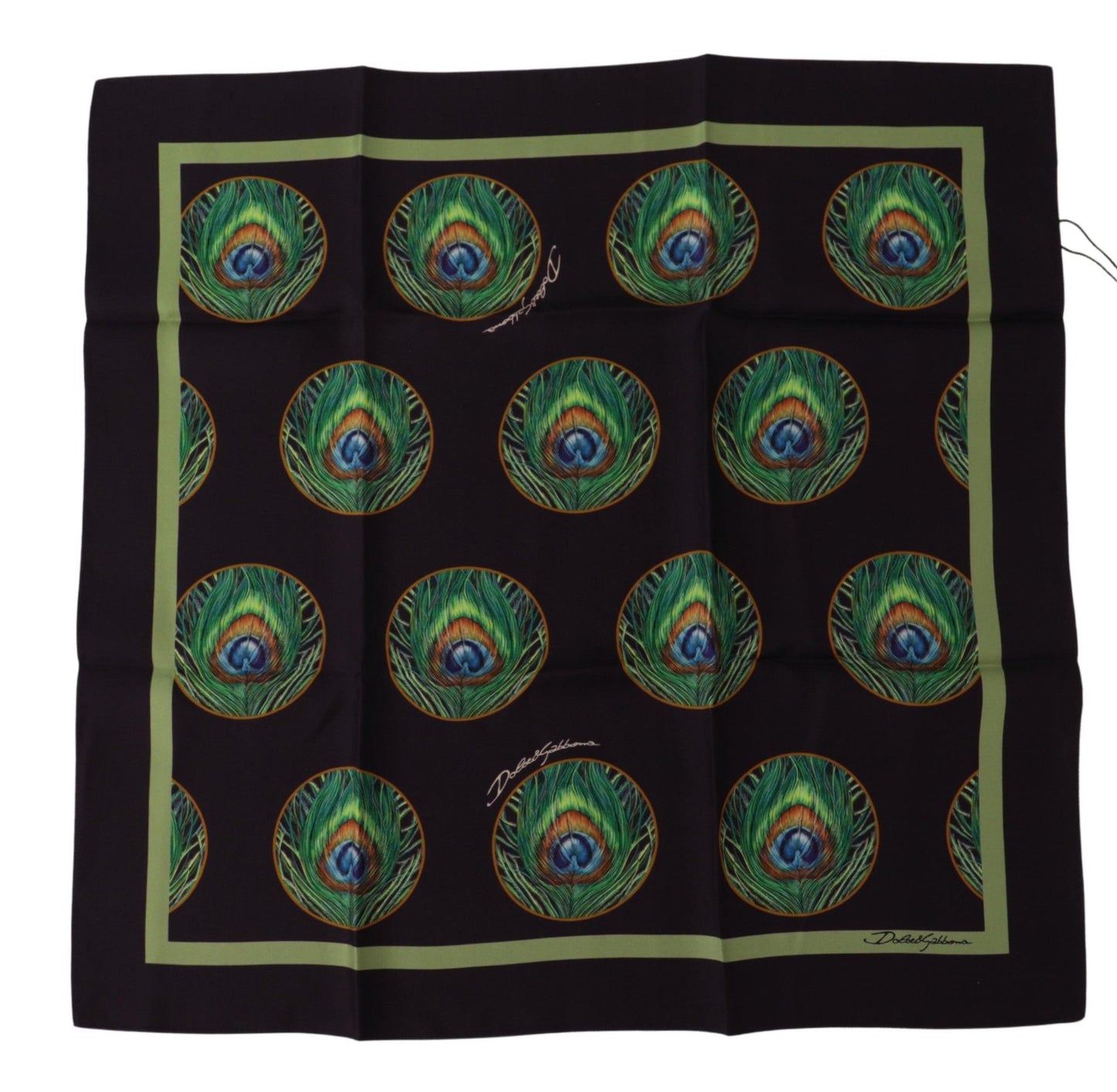 Dolce & Gabbana Black Peacock Feather DG Printed Square Handkerchief Men's Scarf