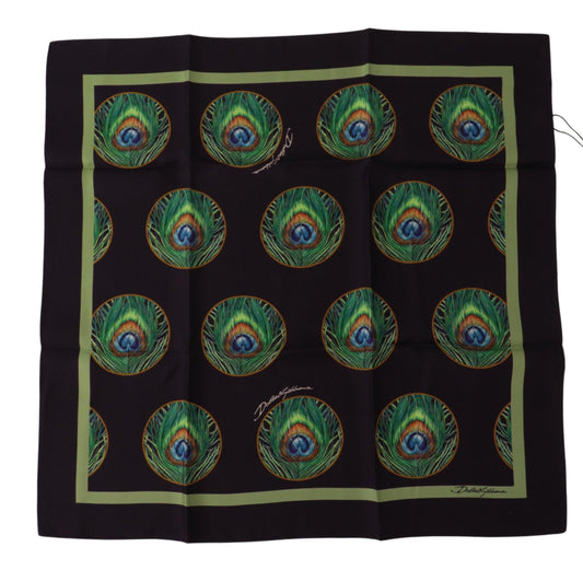 Dolce & Gabbana Black Peacock Feather DG Printed Square Handkerchief Men's Scarf