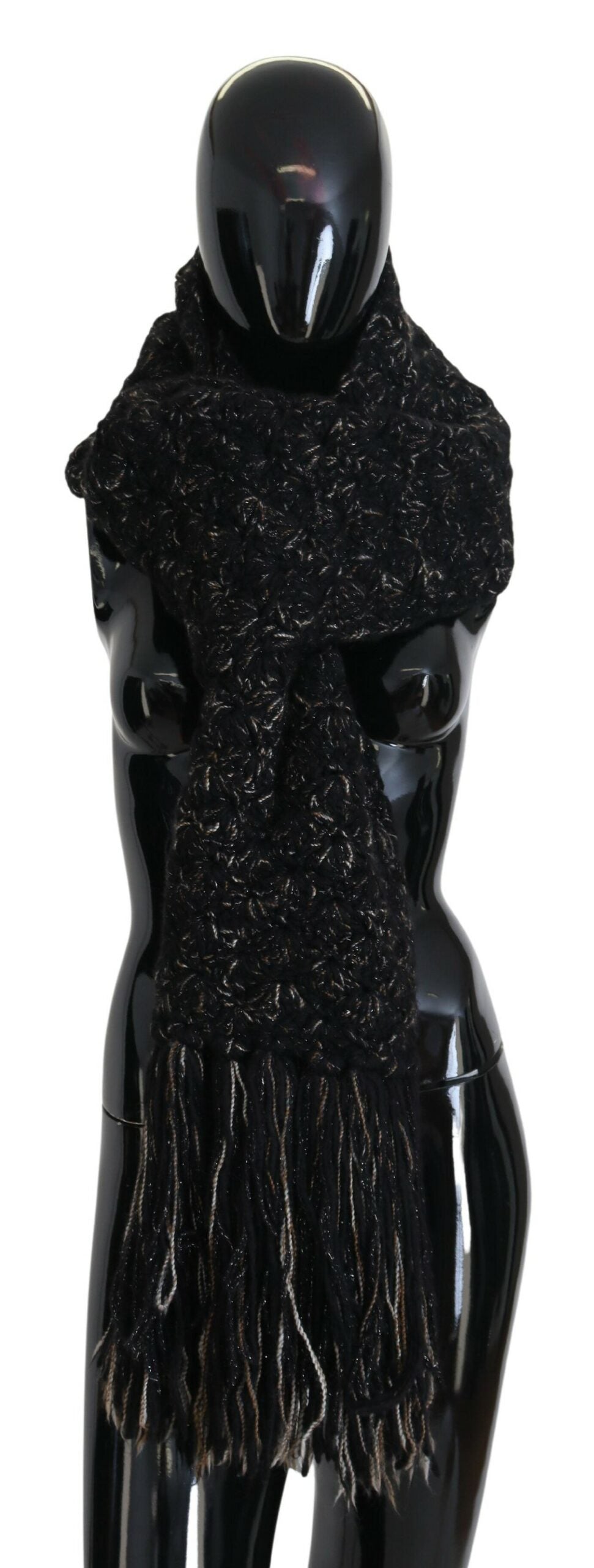Dolce & Gabbana Black Wool Knitted Wrap Foulard Fringe Women's Scarf