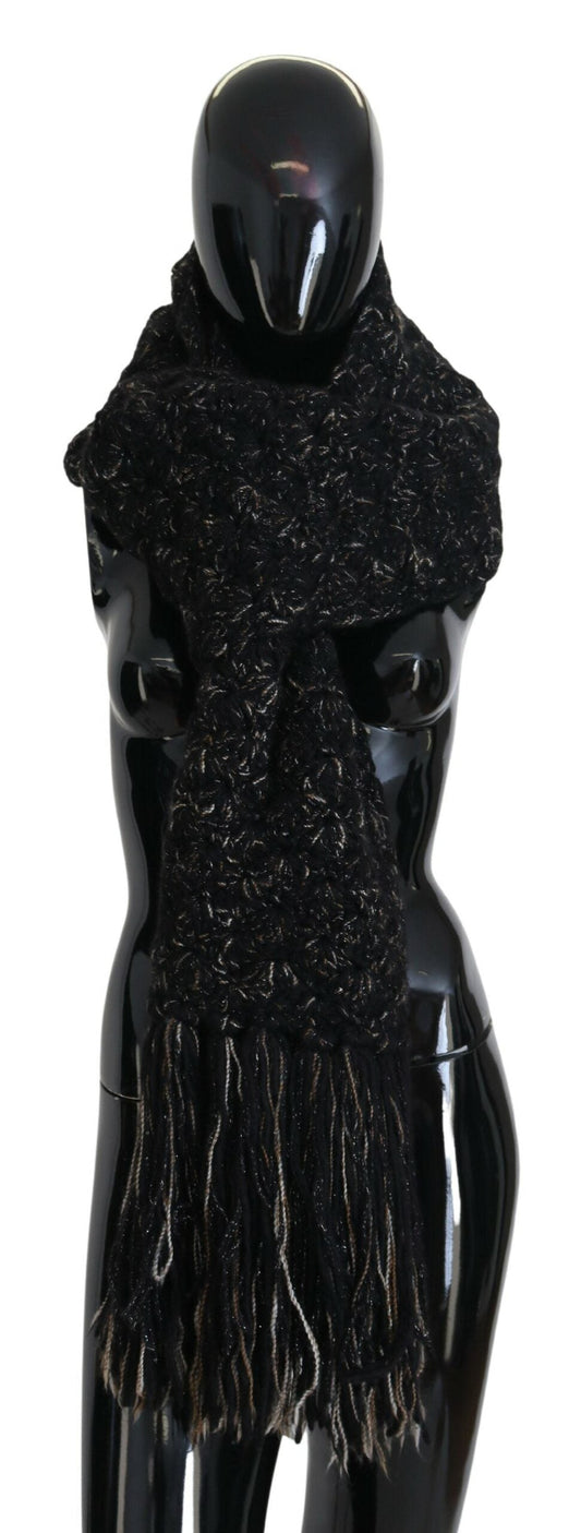 Dolce & Gabbana Black Wool Knitted Wrap Foulard Fringe Women's Scarf