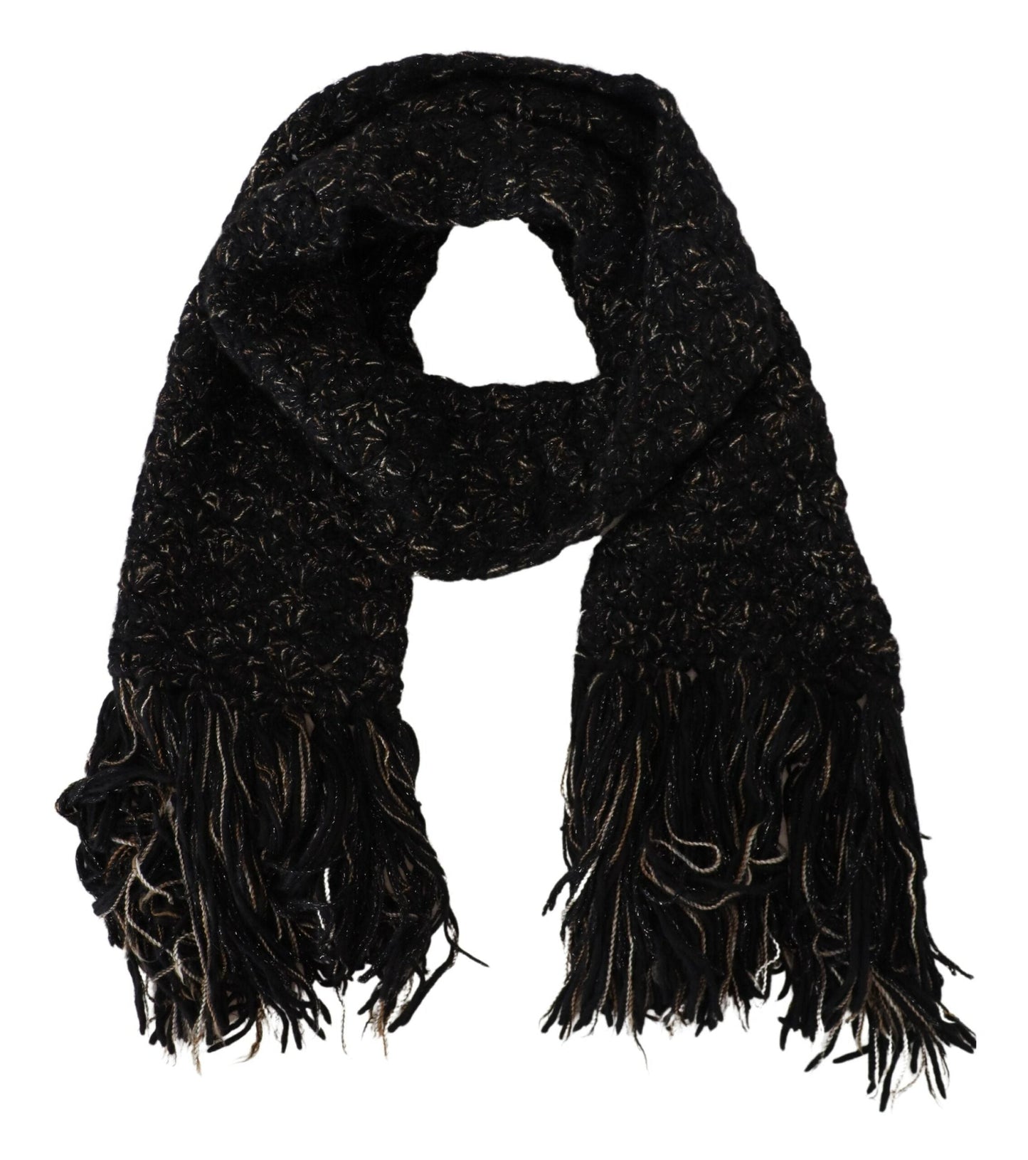 Dolce & Gabbana Black Wool Knitted Wrap Foulard Fringe Women's Scarf