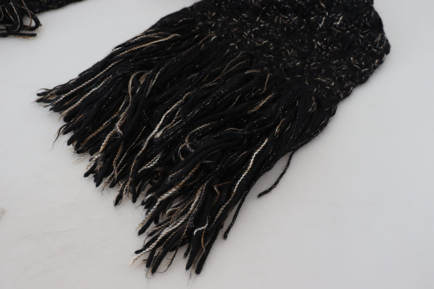Dolce & Gabbana Black Wool Knitted Wrap Foulard Fringe Women's Scarf