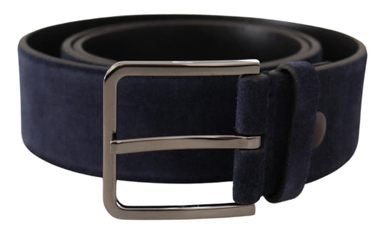 Dolce & Gabbana Navy Blue Velvet Leather Silver Logo Buckle Men's Belt