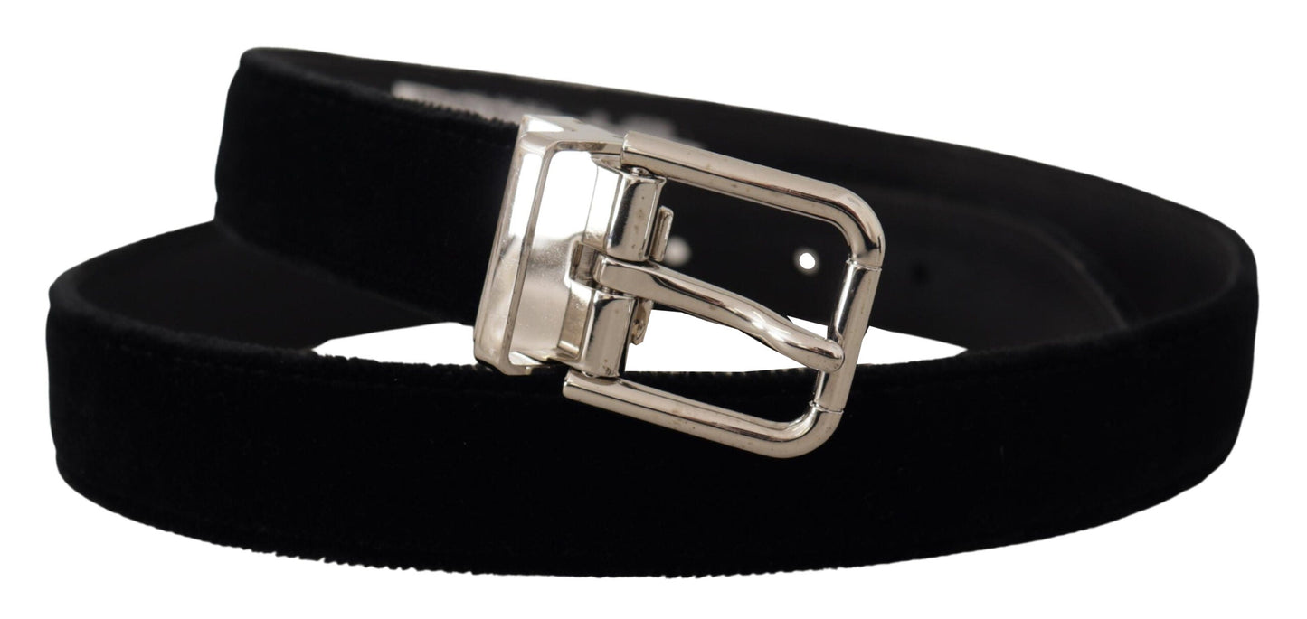 Dolce & Gabbana Black Velvet Silver Tone Metal Logo Buckle Men's Belt